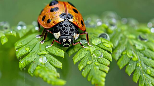 A vibrant ladybug sits on a fern leaf adorned with droplets of dew, enjoying the tranquility of a lush green backdrop in the early morning light.