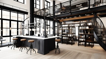 Modern Industrial Loft Interior Design with Bar and Bookshelves