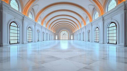 Obraz premium Elegant White Marble Palace Interior with High Vaulted Ceiling and Reflective Floor