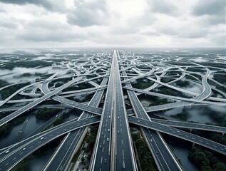 Massive futuristic highway network with layered overpasses, modern transport design style, cloudy sky background, concept of complex transportation system. Ai generative