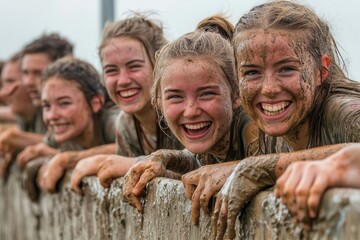 Cheering team at wall on boot camp obstacle course