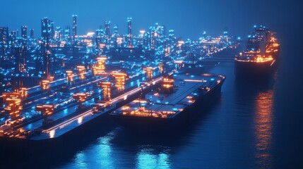 Obraz premium Night view of a bustling industrial port city with glowing lights