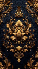 Elegant Gold Floral Patterns on Deep Blue Background with Ornate Details


