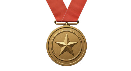 Isolated Gold Medal with Star and Red Ribbon Detail