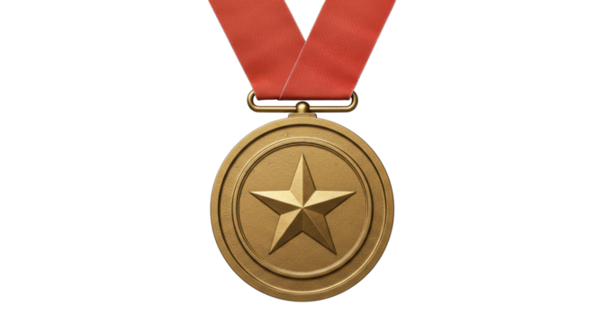 Isolated Gold Medal with Star and Red Ribbon Detail