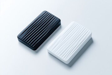 Two rectangular, ribbed, contrasting black and white blocks