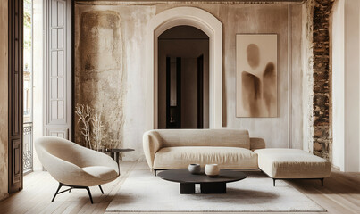 Modern Interior Stylish Living Space with Beige Tones Wooden Furniture and Plaster Walls 3D Rendering
