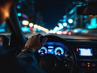 Driver’s view from inside a car at night, showing dashboard and city lights, realistic graphic style, with urban night background concept. Ai generative