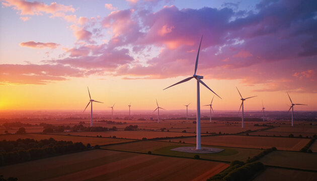 Panoramic view of wind turbines at sunset over open field, renewable energy