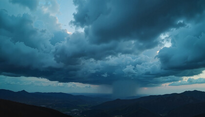 Menacing storm clouds gathering over mountain range before nightfall, nature's power