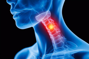 An X-ray of a human head highlighting neck pain areas with a glowing effect. The concept of medical diagnostics, spinal health, and neurological assessment. Generative AI.