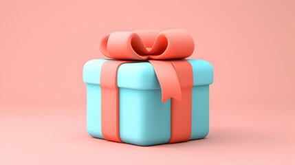 Light Blue Gift Box with Coral Ribbon on Pink Background