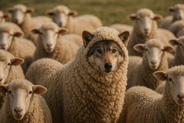 Obraz premium Wolf in sheep costume hiding among flock illustration