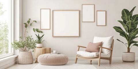 Fototapeta premium Modern living room decorated with plants and minimalistic furniture in soft neutral tones