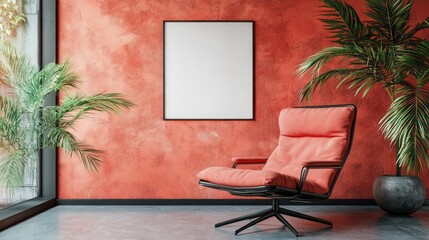 Modern living room showcases armchair art and tropical plants