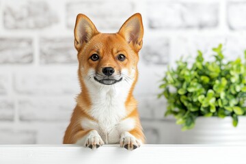 Adorable Red Shiba Inu Dog Portrait Against White Brick Wall
