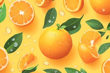 Fresh oranges background with water droplets and green leaves, vibrant and juicy design