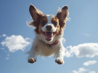 Cavalier King Charles Spaniel jumping against blue sky and clouds