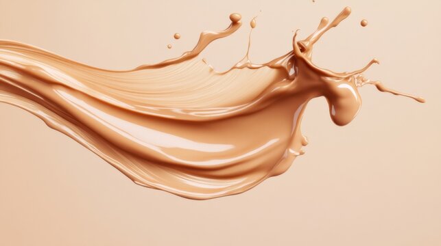 Fluid motion of liquid foundation over a soft beige background captures the elegance of makeup application techniques