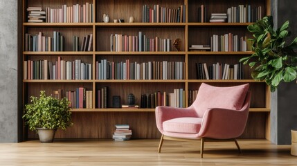 Cozy reading nook features pink chair and stylish bookshelf filled with colorful books in modern home setting