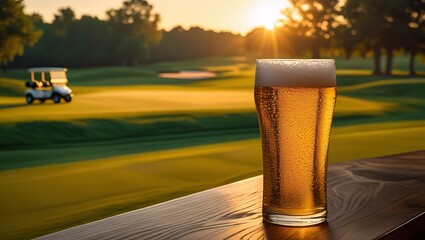 Golden Hour on Golf Course, Frosty Beer Glass, Warm Sunset Light, Leisure Atmosphere

