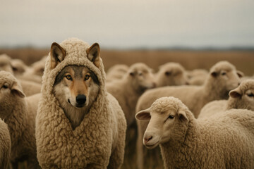Realistic wolf disguised in wool standing among sheep