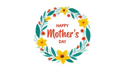 Obraz premium Sunflower Yellow Daffodils and Teal Green Leaves Wreath with Coral Red Happy Mother's Day Text, Vector Design, Isolated