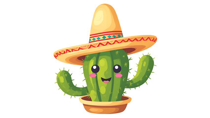 cartoon cactus in colorful sombrero pot isolated on white background