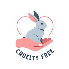 Fototapeta premium Light Grey Bunny on Soft Pink Hand with Charcoal Grey Cruelty Free Text and Pink Heart for Animal Rights, Vector Design, Isolated