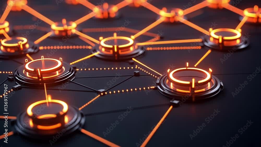 Poster futuristic network security system showing orange glowing nodes connected by dotted lines forming a 