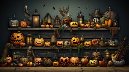 Obraz premium Creepy Haunted Halloween Collection with Bats and Candles