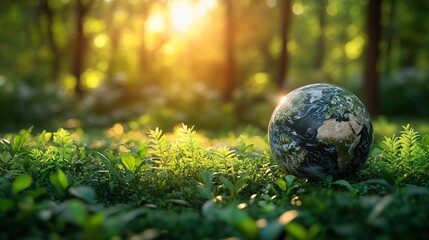 Green planet Earth on moss in a forest at sunset. Concept of the environment, ecology, and global warming. 