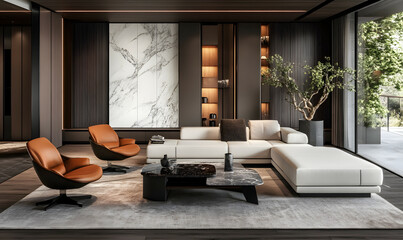 Modern Interior Contemporary Apartment with Warm Wooden Accents and Large Windows 3D Render
