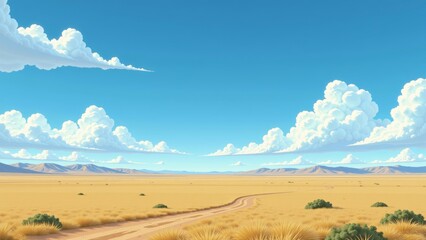 Fototapeta premium Vast Kazakh Steppes Under Wide Skies with golden sand dunes, sparse vegetation, clear blue sky. Concept of Kazakh Steppes Under Wide Skies, showcasing expansive landscape serenity.