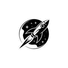 Fototapeta premium Retro Space Rocket in Orbit Illustration - Black and White Logo Design