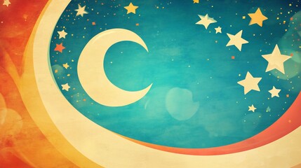 Naklejka premium Retro, starry night sky, crescent moon, vintage, colorful, abstract background.
