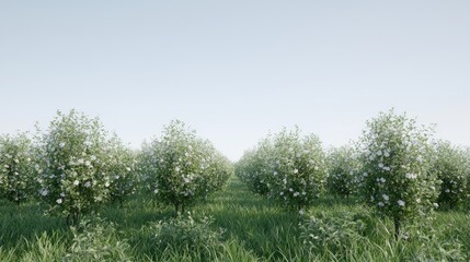 Fototapeta premium Rows of flowering shrubs in a grassy field