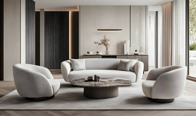 Modern Interior Contemporary Apartment with Warm Wooden Accents and Large Windows 3D Render