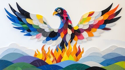 Obraz premium Colorful Phoenix Mosaic Rising From Vivid Flames Against Mountain Backdrop