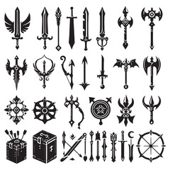 RPG weapon icon set, vector fantasy game sword collection, dungeon dragon battle attack object kit: magic sorcerer staff, warrior dagger, medieval bow, arrow, and character equipment vector 