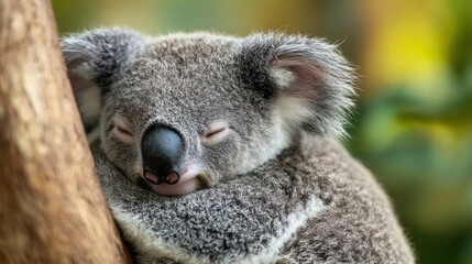 Obraz premium A furry koala rests peacefully in a tree branch during daylight