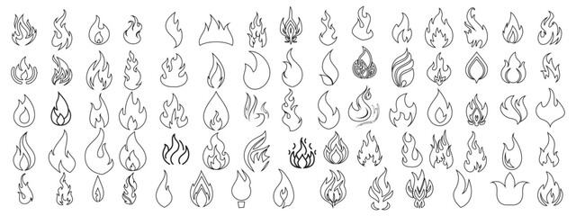 The flame icons are drawn with a liner on a white background. The tongues of burning flame can be used for different design directions. Flat vector illustration.