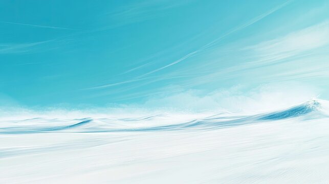 Serene, icy landscape; blue sky, white, rolling hills.