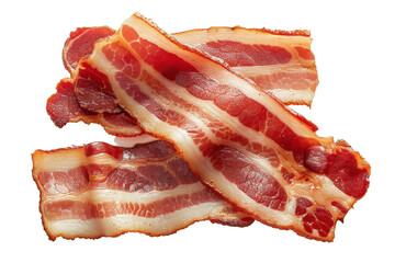 Flat lay view of three bacon rashers isolated on a white background as a png