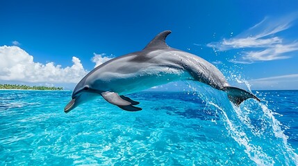 Naklejka premium Dolphin Leaping in Turquoise Ocean Under Blue Sky
