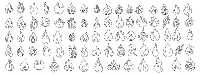 The flame icons are drawn with a liner on a white background. The tongues of burning flame can be used for different design directions. Flat vector illustration.