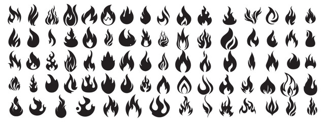 vector fire icon set featuring flaming campfires, fiery explosions, and abstract blazes. Perfect for hot energy designs, danger symbols, decorative elements, 