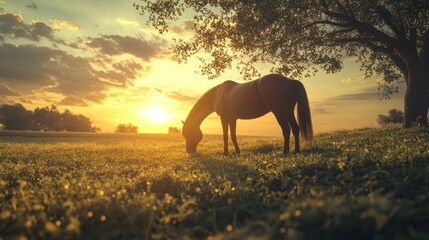 Naklejka premium Sunset Serenity: A Horse Grazing in Golden Hour