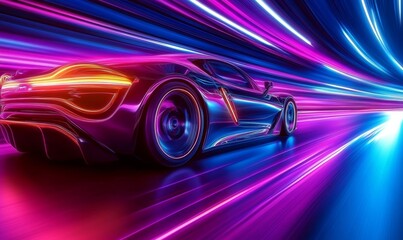 Futuristic Sports Car On Neon Highway. Powerful acceleration of a supercar with colorful lights trails. generative AI