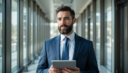 Fototapeta premium A serious businessman thoughtfully reviewing his tablet in a modern office hallway, showcasing calm professionalism and digital strategy.
